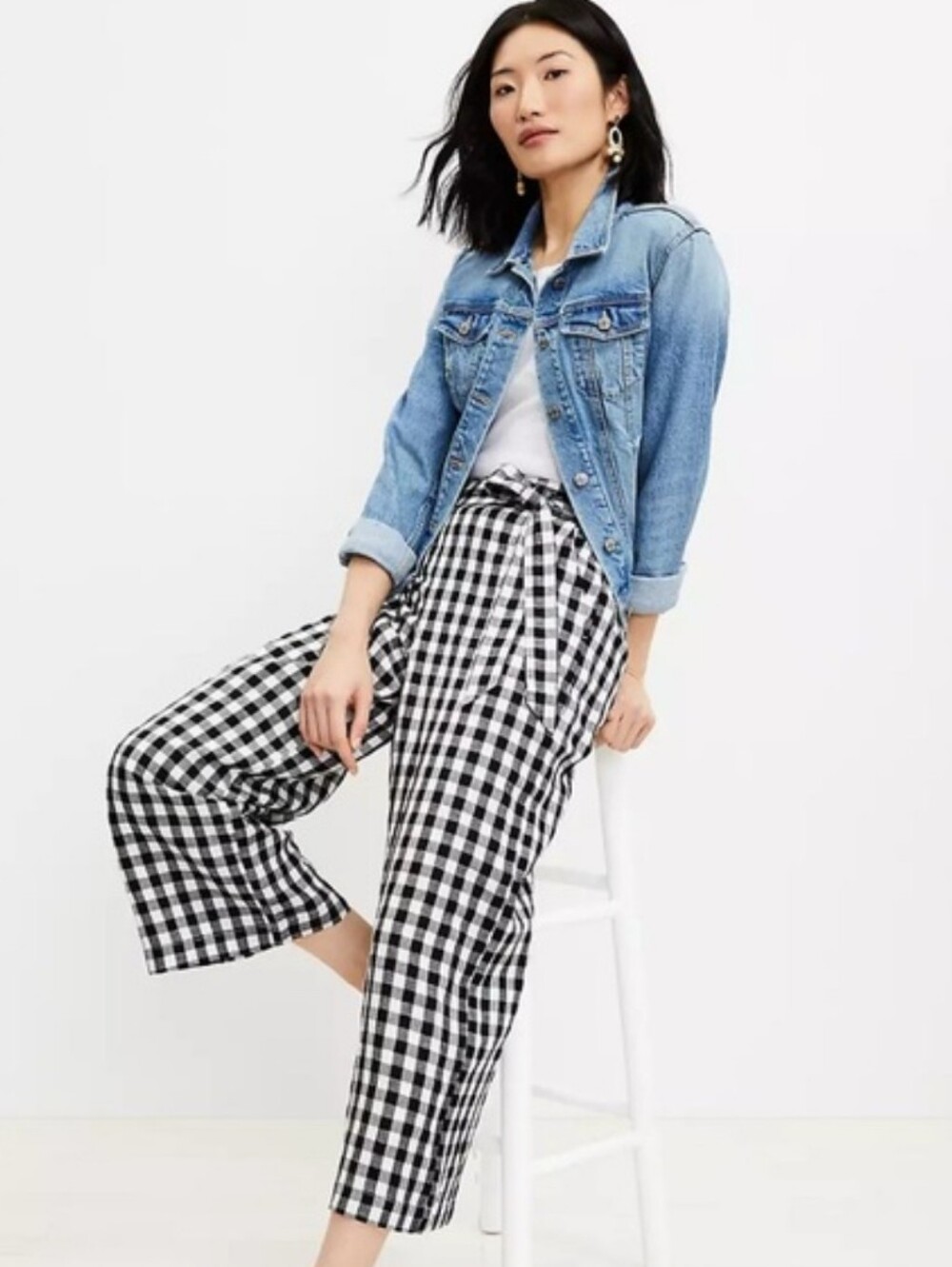 LOFT Gingham Linen Blend Wide Leg Crop Pants - XS